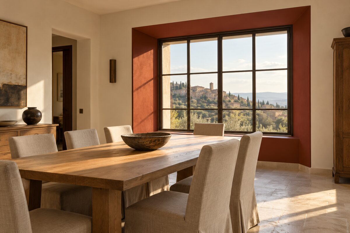 La sala da pranzo resta chiara, il vano finestra color castagna le dà profondità in autunno