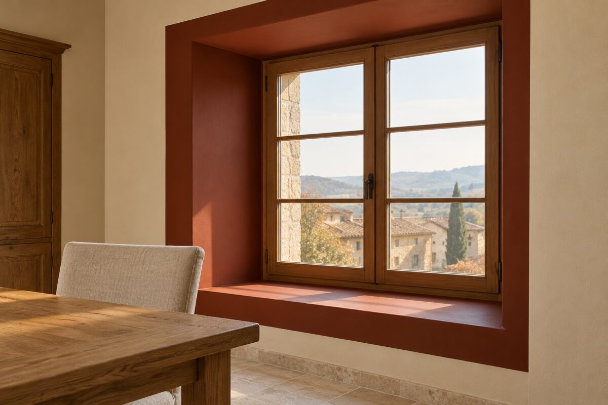 Dettaglio del vano finestra color castagna illuminato dalla luce d’autunno