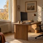 Scrivania in legno ruotata di lato rispetto alla finestra con monitor senza riflessi