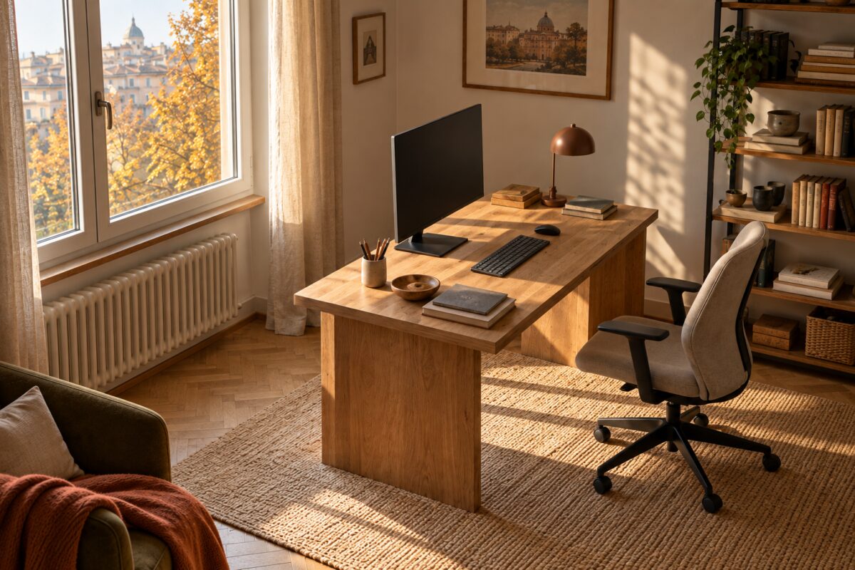 Postazione di lavoro con monitor perpendicolare alla finestra e luce laterale d’autunno