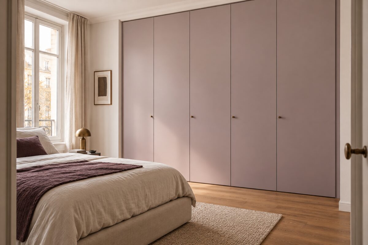 Camera con armadio a tutta altezza dalle ante rosa malva grigiato e letto écru