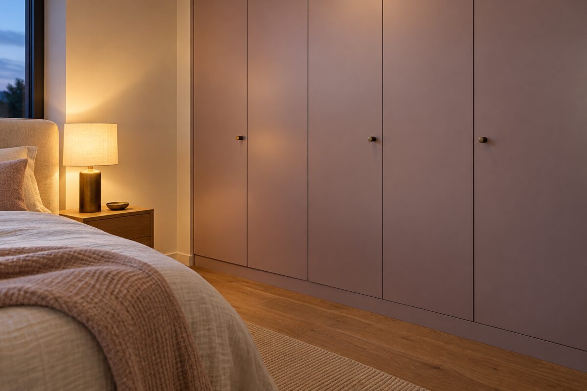 Ante rosa malva grigiato illuminate a 3000 K accanto a letto e comodino in legno