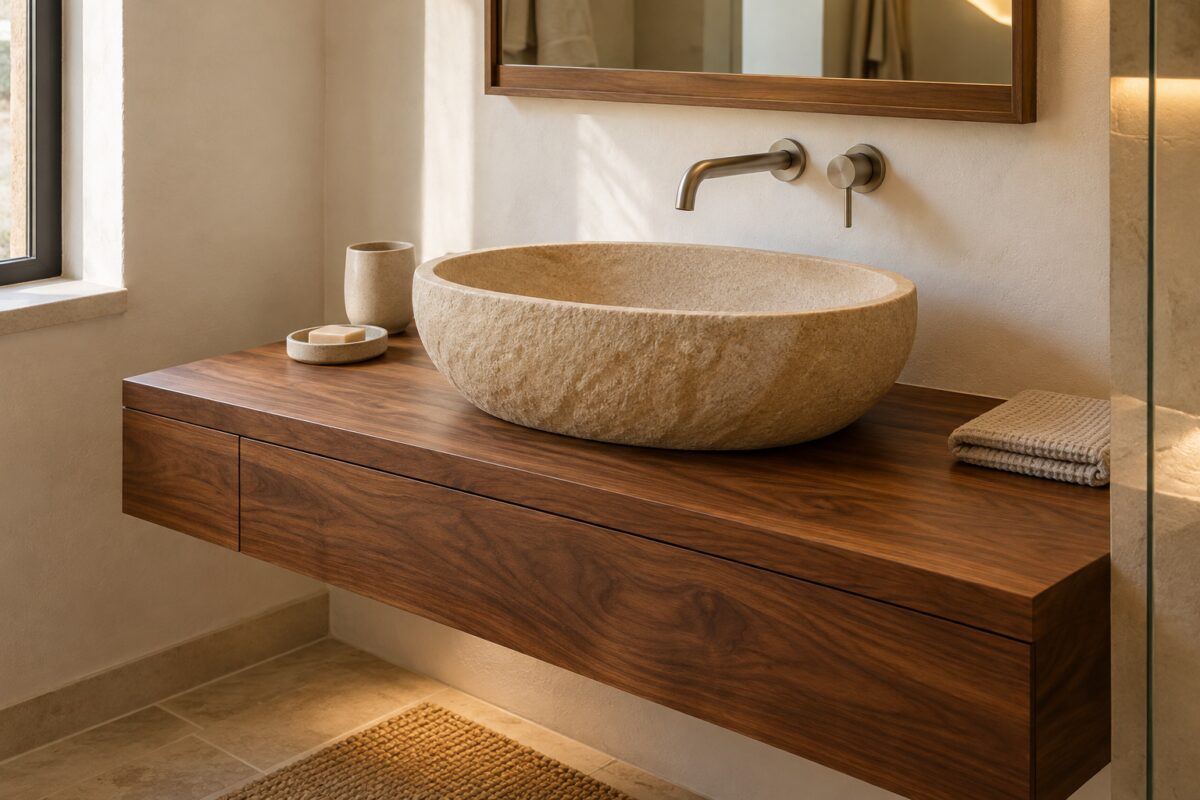 Lavabo ovale in pietra arenaria beige su mobile sospeso in noce in un bagno bianco