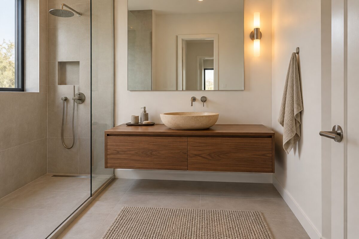 Bagno bianco con lavabo in pietra arenaria, mobile in noce, specchio grande e luce calda