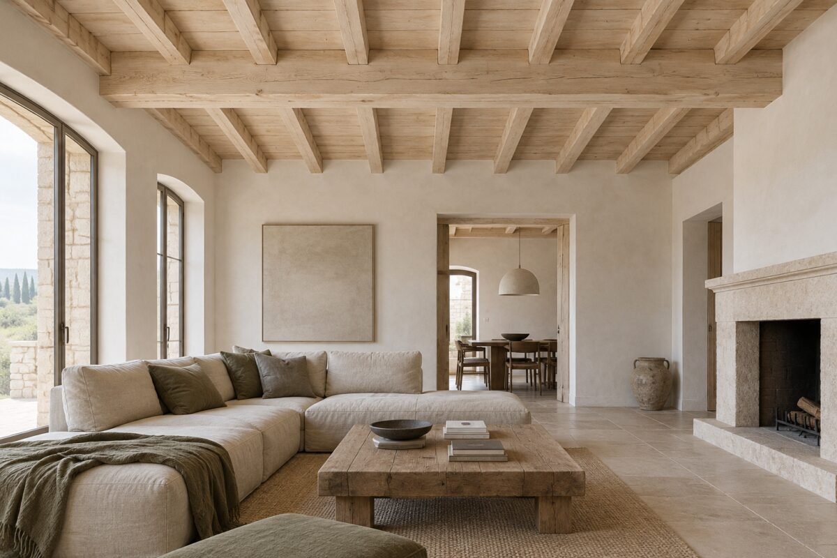 Le travi scure non vanno dipinte di bianco: il rovere sbiancato alleggerisce il soffitto