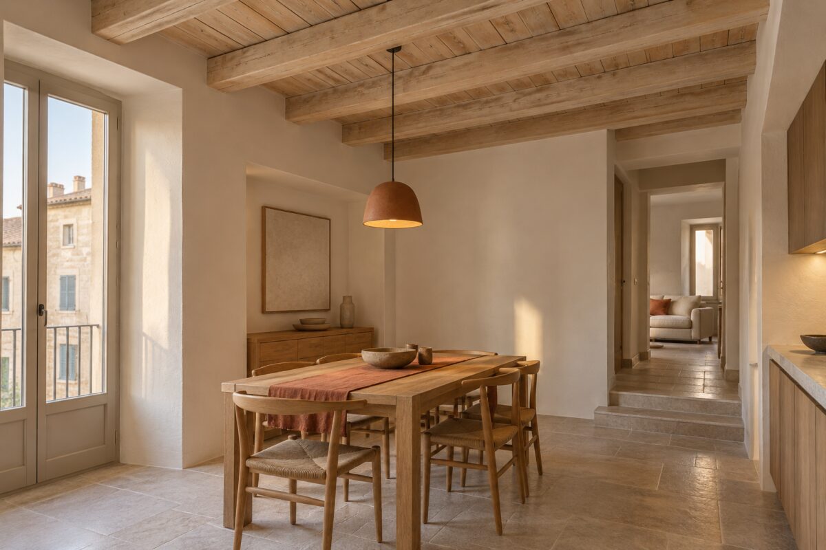 Sala da pranzo con travi chiare, pavimento in pietra e luce calda