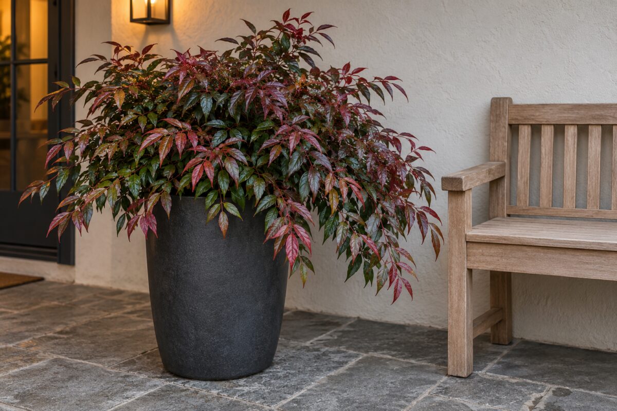 Leucothoe Scarletta in vaso antracite accanto a una panca di legno