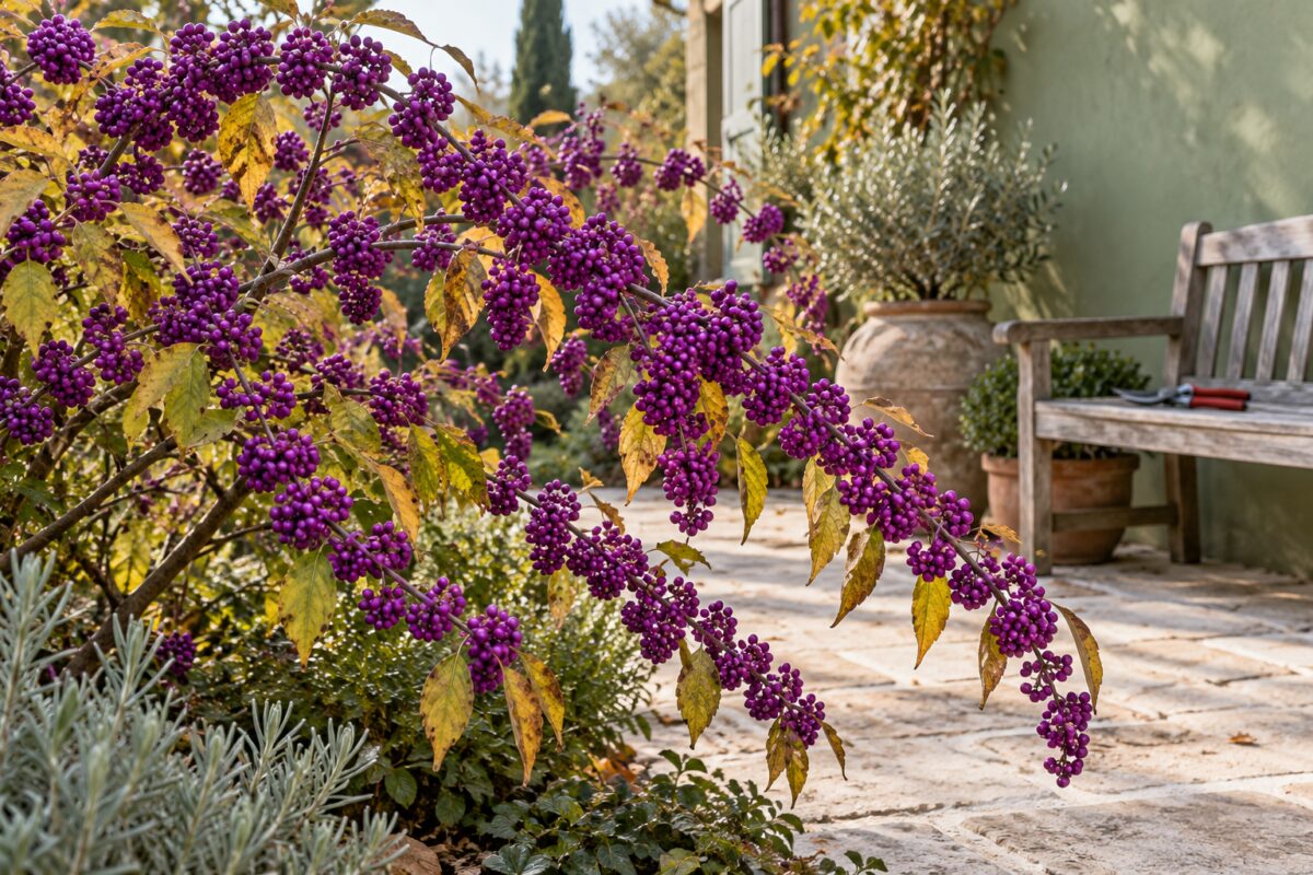Callicarpa carica di bacche viola in un giardino autunnale
