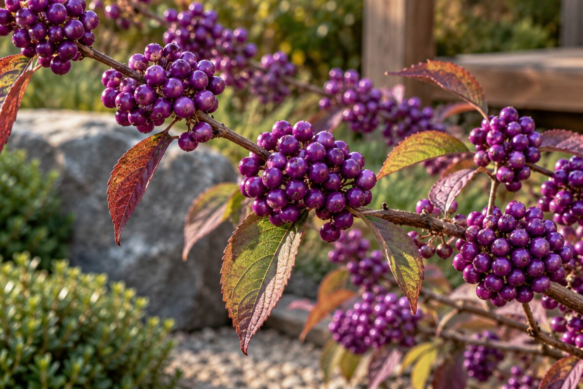 Grappoli di bacche viola della Callicarpa lungo i rami