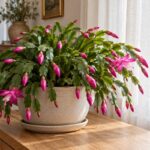 Cactus di Natale con boccioli rosa vicino alla finestra