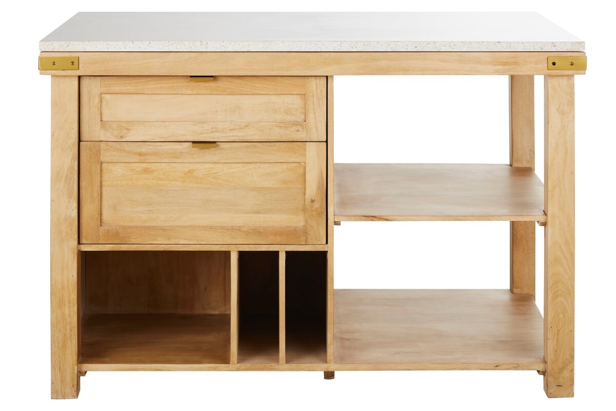 Isola DELVIN in una cucina con struttura in mango e piano chiaro effetto terrazzo