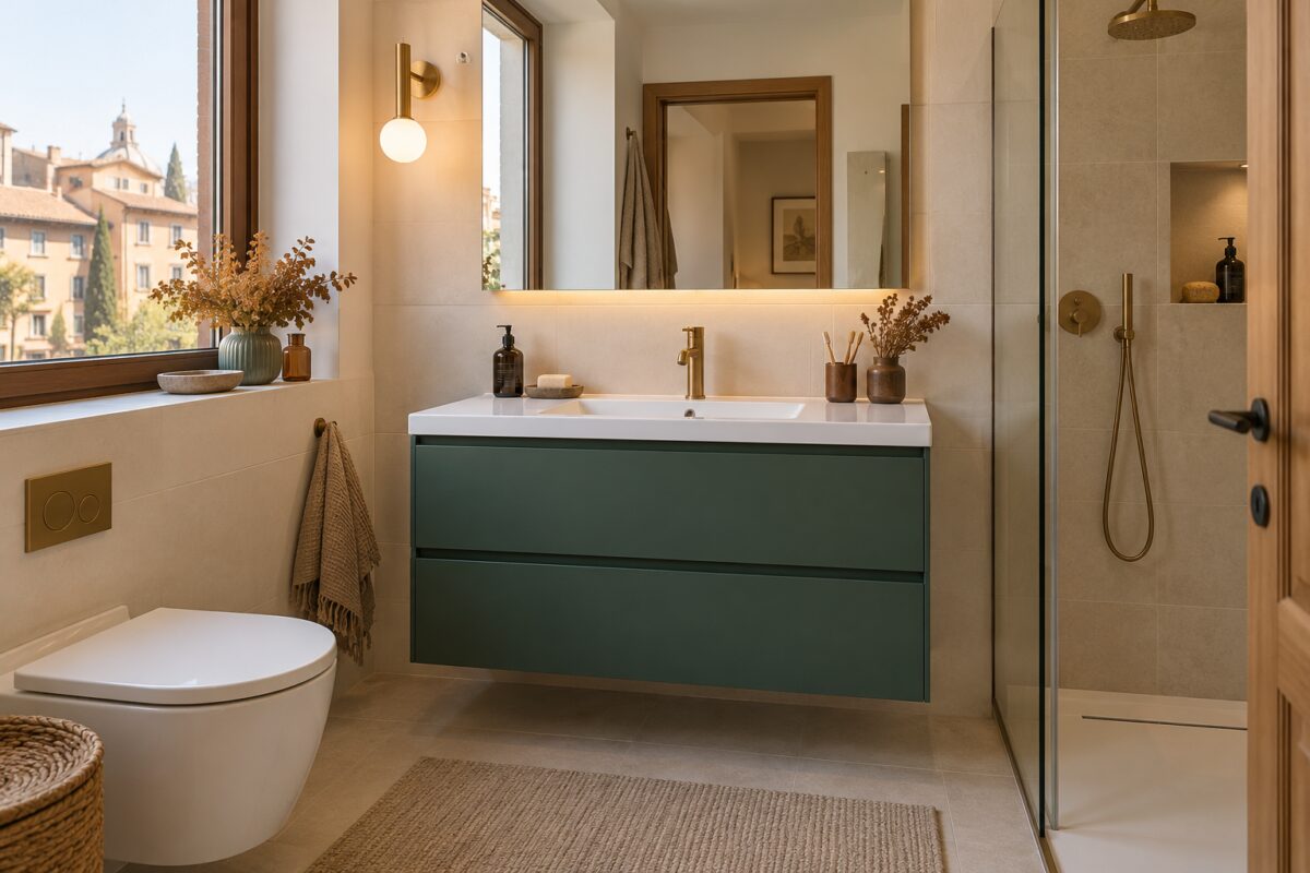 Mobile lavabo verde giada fumé in un bagno bianco con dettagli in legno