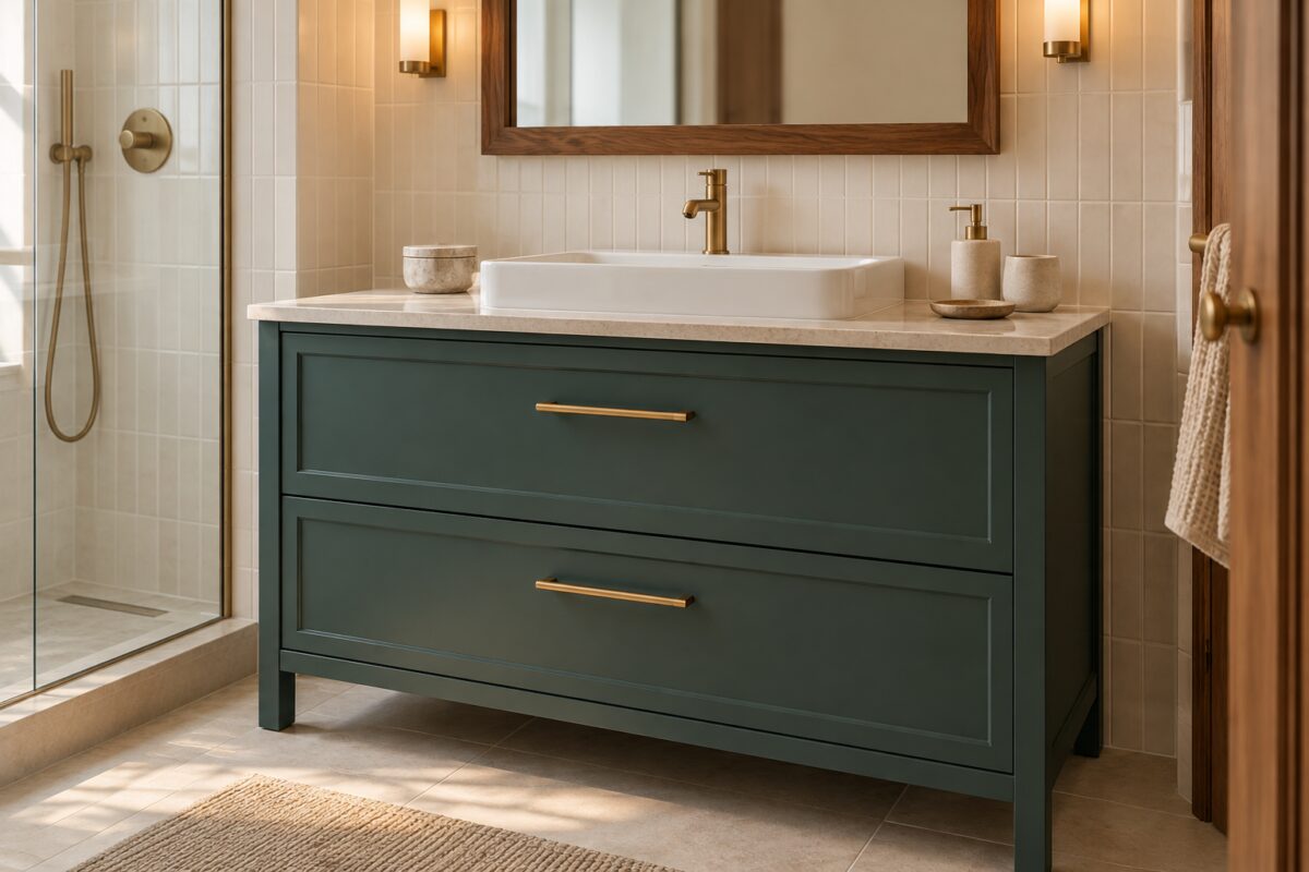 Dettaglio della finitura satinata verde giada fumé sul mobile lavabo