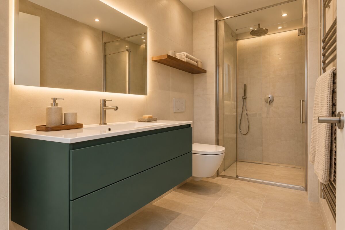 Bagno senza finestra con mobile lavabo verde giada fumé e luce calda