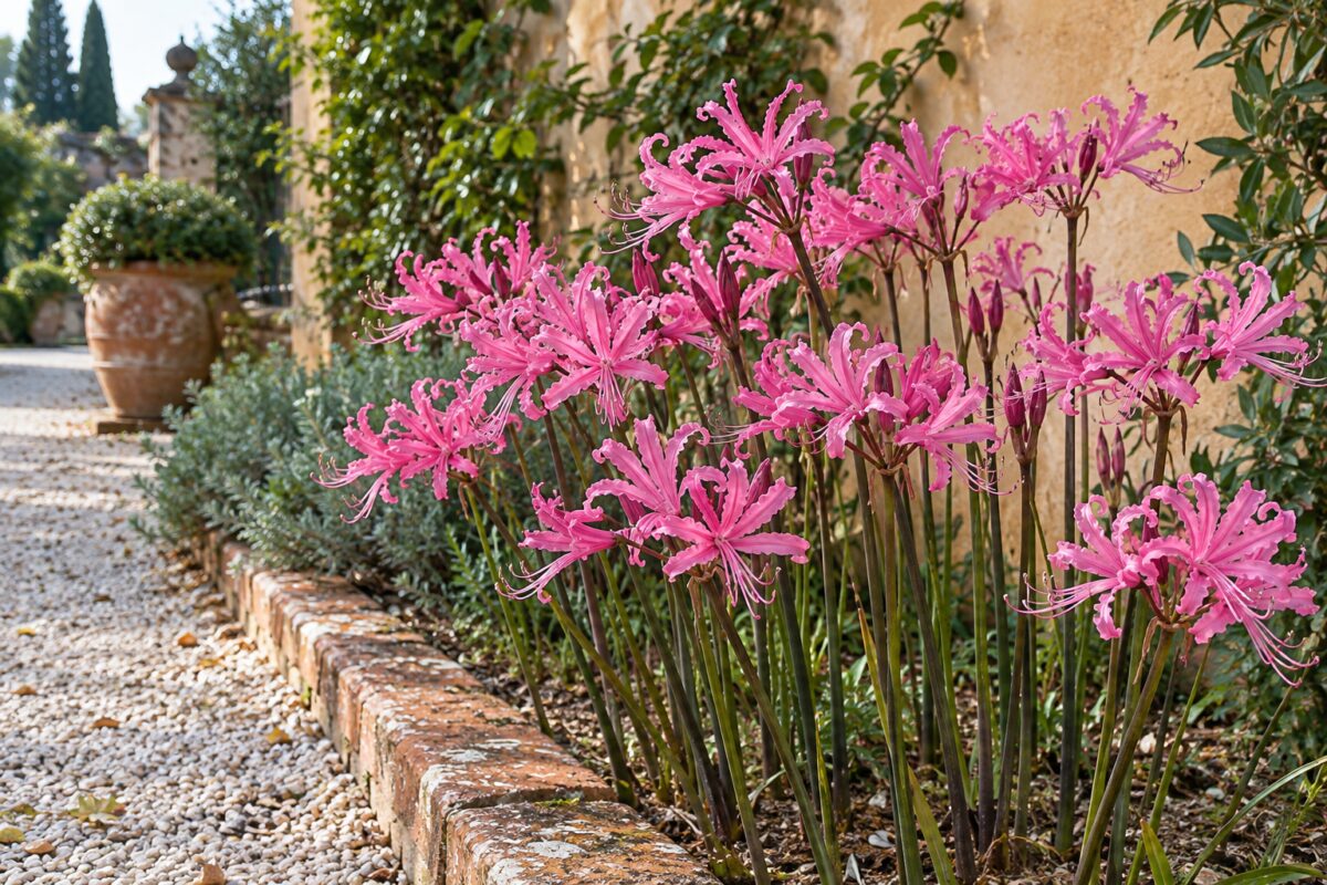 Nerine bowdenii con fiori rosa lungo un vialetto di ghiaia in ottobre