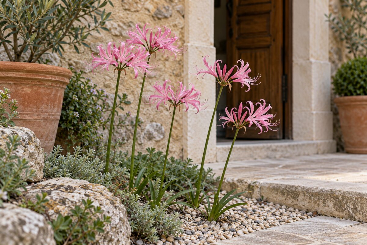 Gruppo di Nerine bowdenii rosa accanto a pietra e vasi in terracotta
