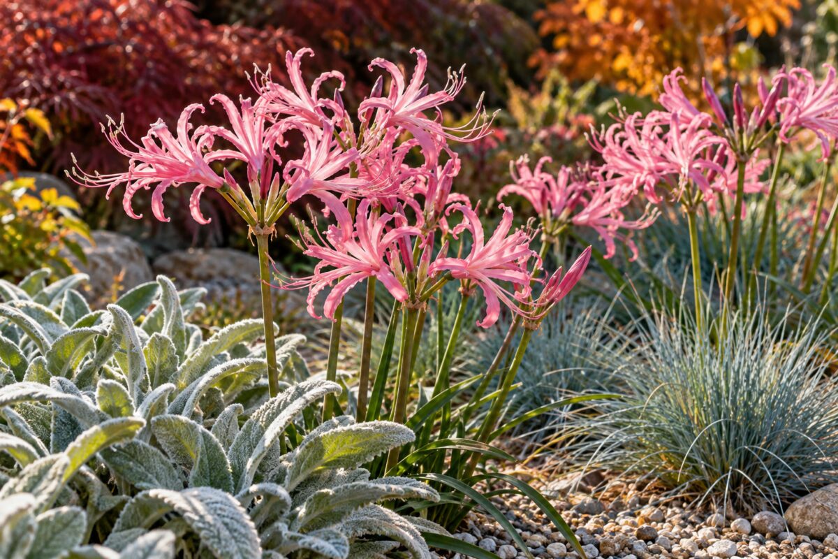 Nerine bowdenii abbinate a stachys argentata e festuca azzurra