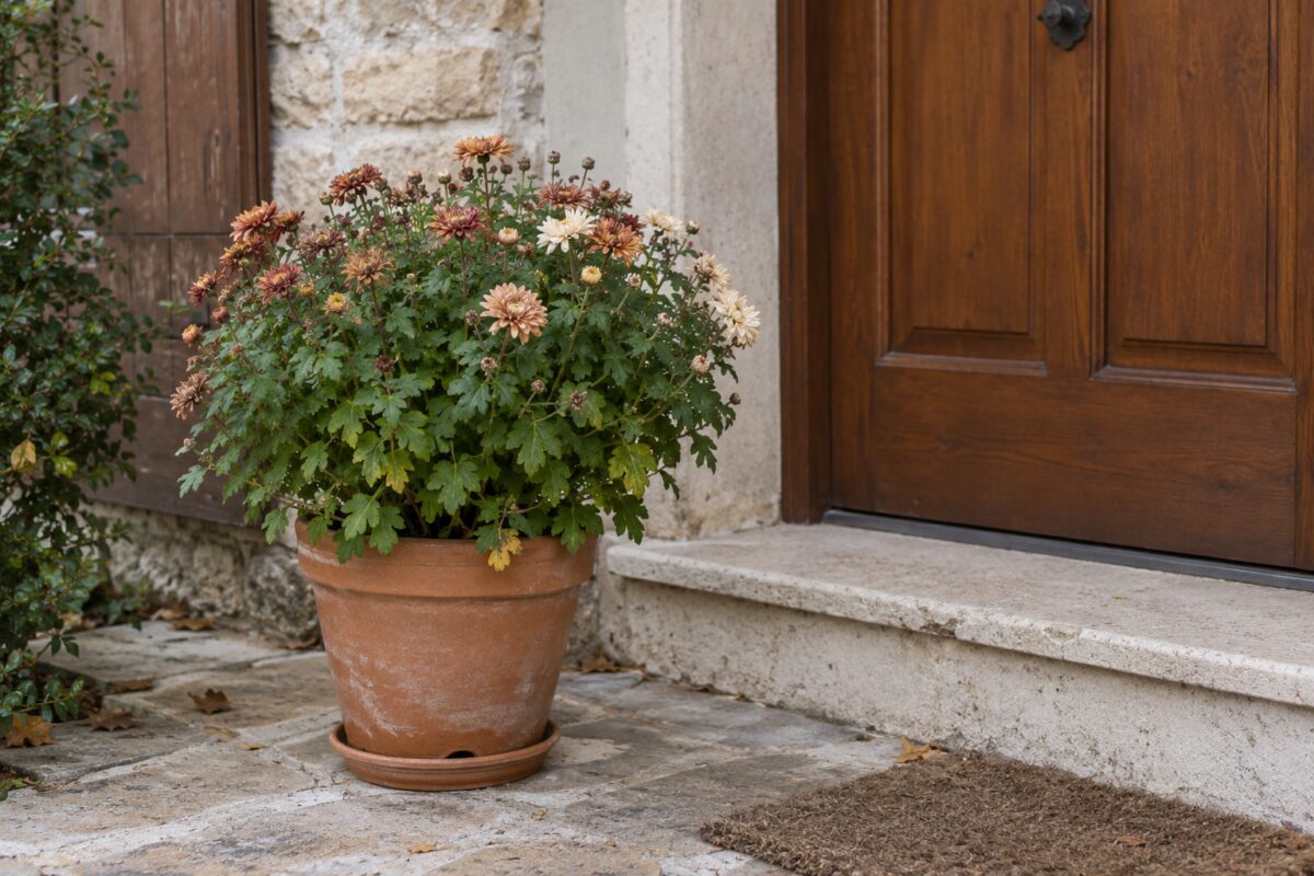 Crisantemo sfiorito in vaso di terracotta accanto a un ingresso riparato