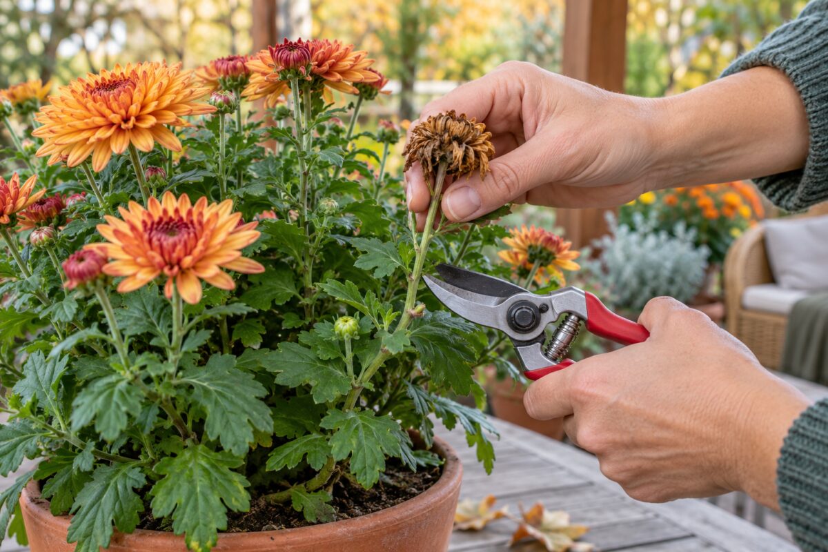 Rimozione di un fiore secco dal crisantemo con forbici pulite