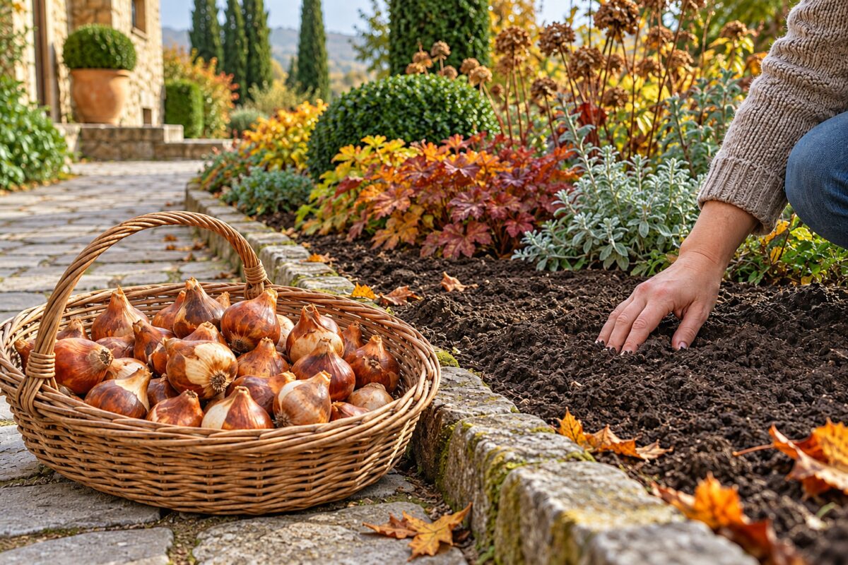 Bulbi di tulipano in un cesto accanto alla bordura in un mattino di ottobre