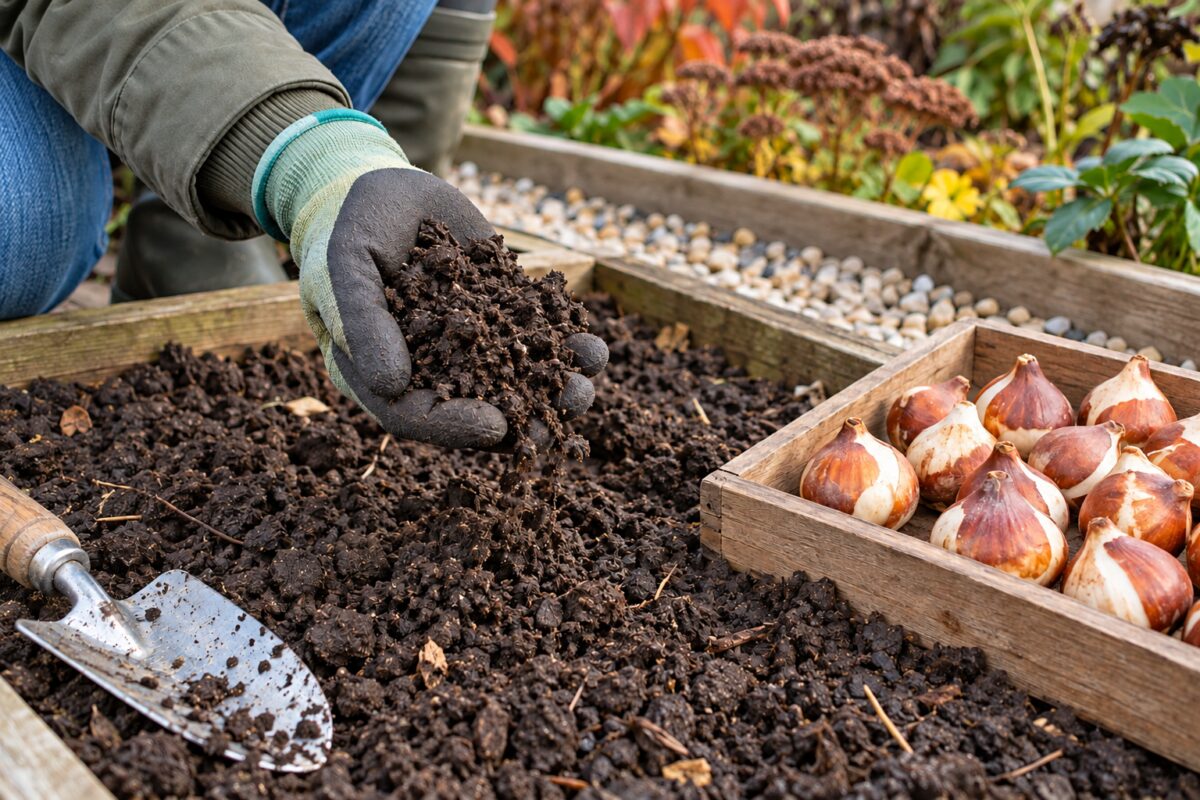 Controllo del terreno friabile prima di piantare i bulbi di tulipano