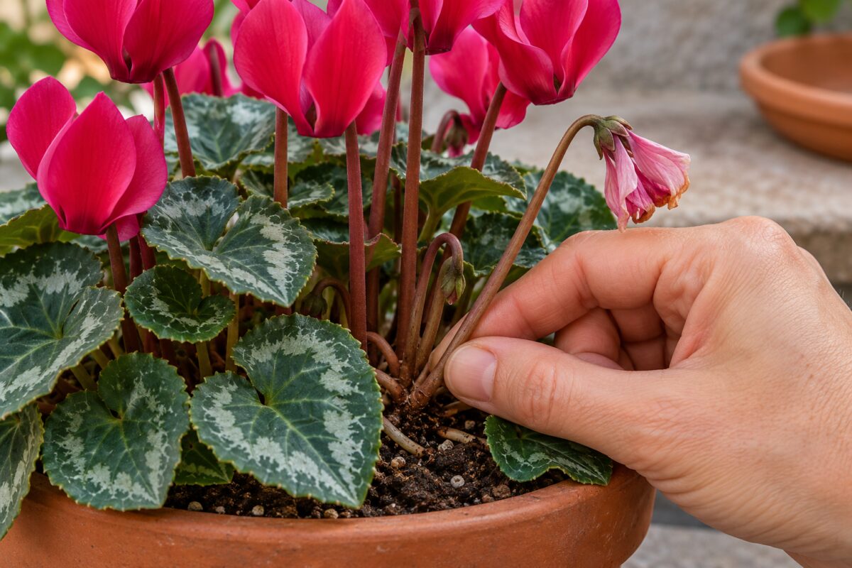 Mano che ruota uno stelo sfiorito del ciclamino vicino al tubero