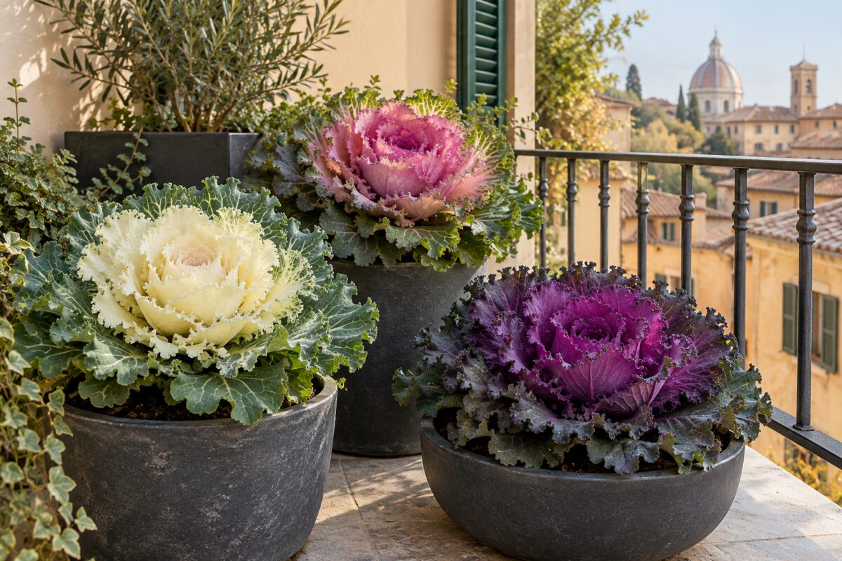 Cavoli ornamentali bianchi rosa e porpora in vasi scuri su un balcone
