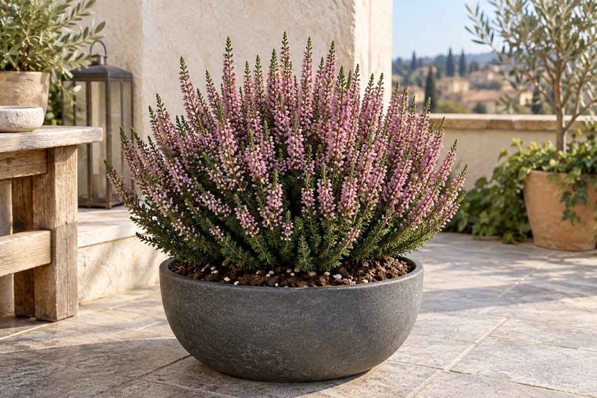 Calluna vulgaris rosa in vaso grafite su un terrazzo d'autunno