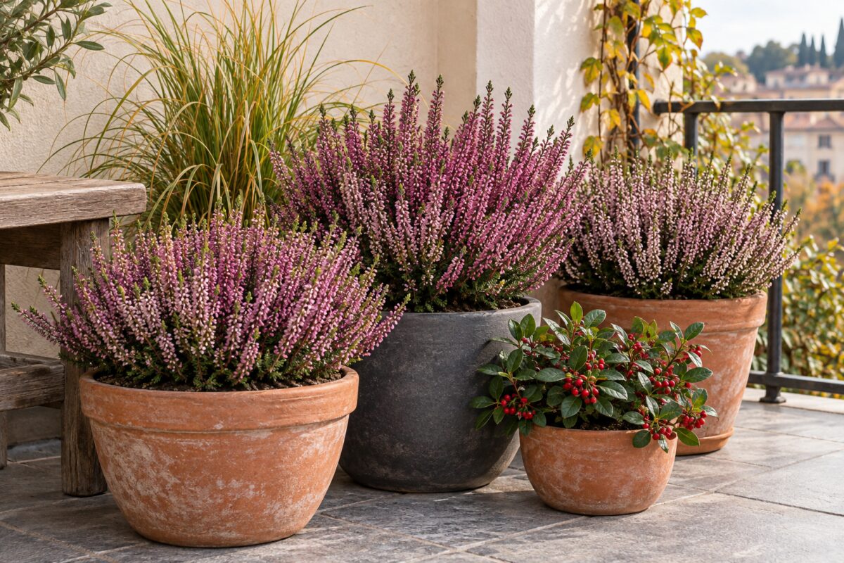 Callune in vasi di terracotta e grafite abbinate a Carex e Gaultheria