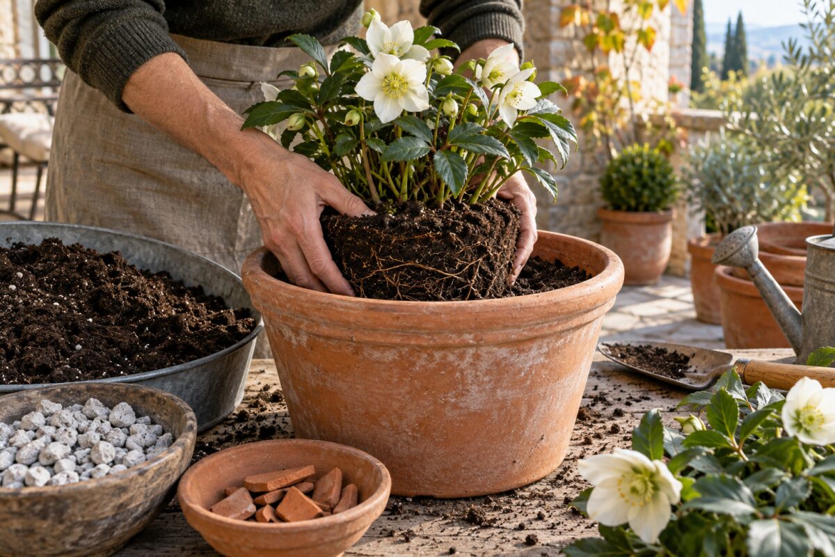 Rinvaso di Helleborus niger con terriccio drenante, pomice e cocci