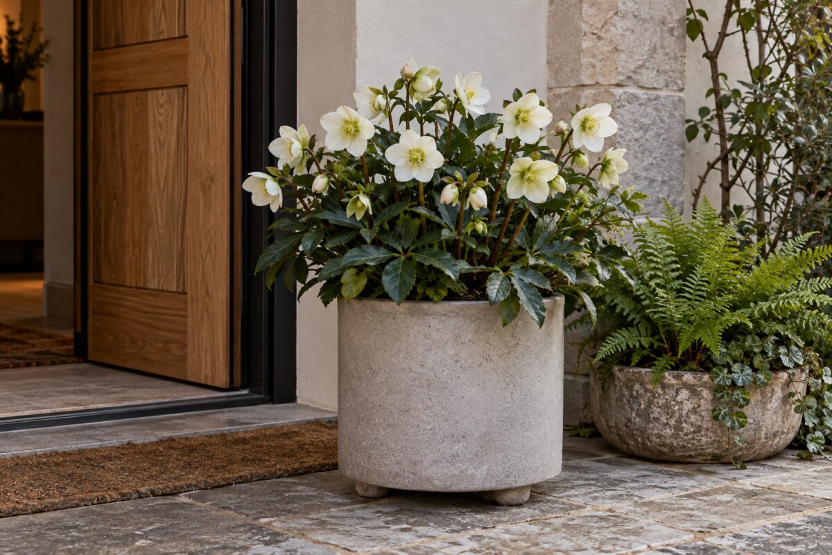 Helleborus niger in vaso rialzato vicino a un ingresso in mezzombra
