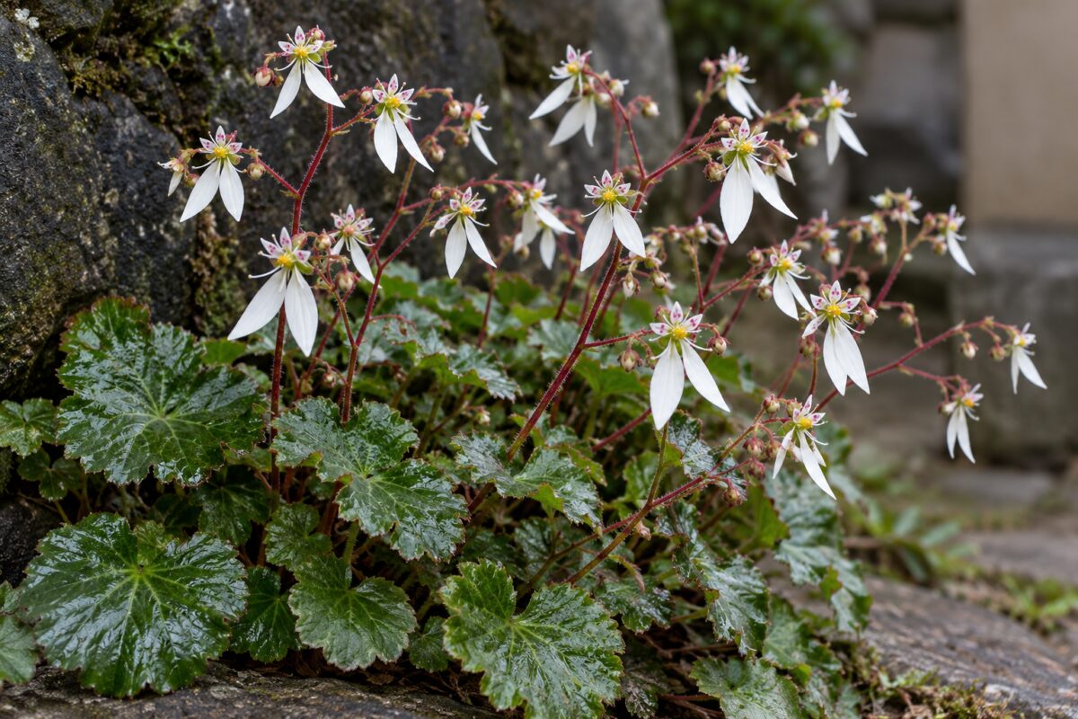 Dettaglio dei fiori bianchi asimmetrici e delle foglie lobate di Saxifraga fortunei