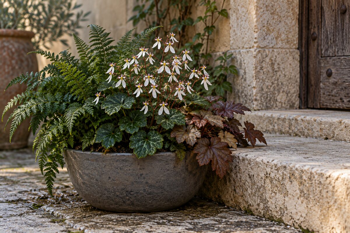Saxifraga fortunei in vaso con felci e fogliame bronzeo accanto a un gradino in pietra