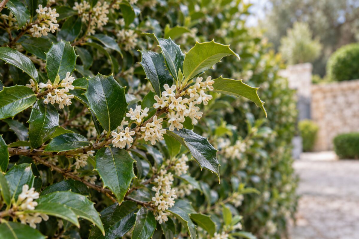 Piccoli fiori bianchi tra le foglie lucide di Osmanthus heterophyllus