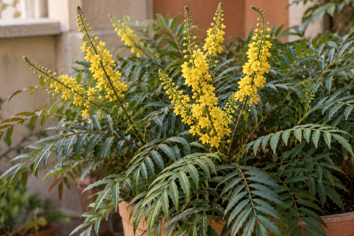 Racemi gialli e foglie sottili della Mahonia Soft Caress in autunno