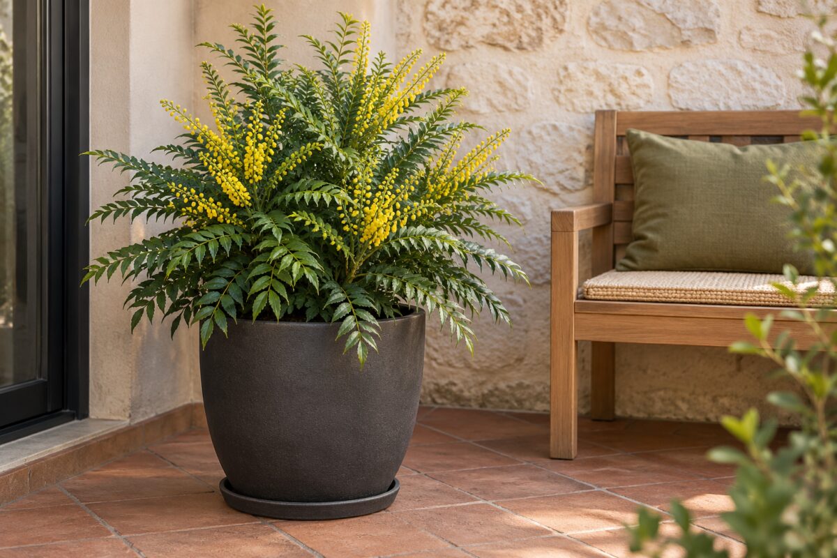 Mahonia Soft Caress in vaso accanto a una panca su un balcone ombreggiato
