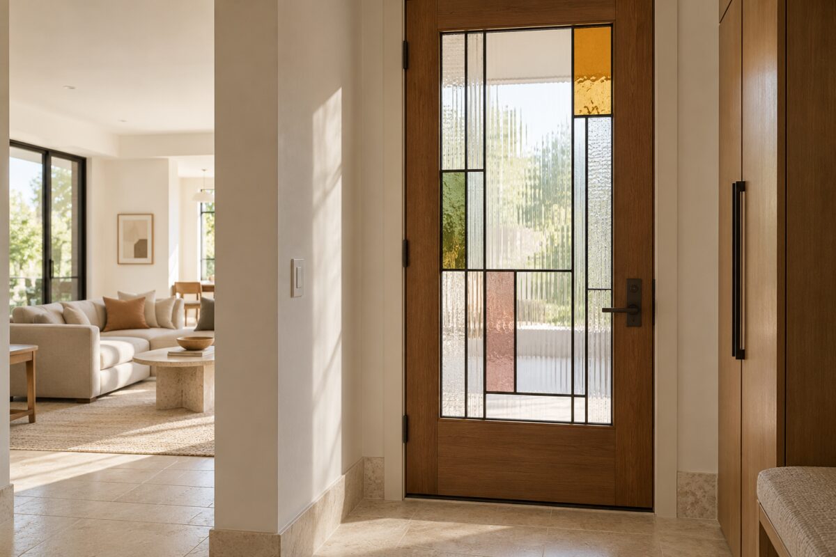 Dettaglio di una porta in legno con vetro materico soprattutto trasparente e piccoli riquadri colorati