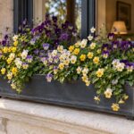 Viole cornute viola crema e gialle disposte a più livelli sul davanzale