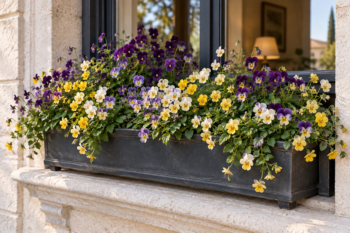 Viole cornute viola crema e gialle in una fioriera antracite sul davanzale