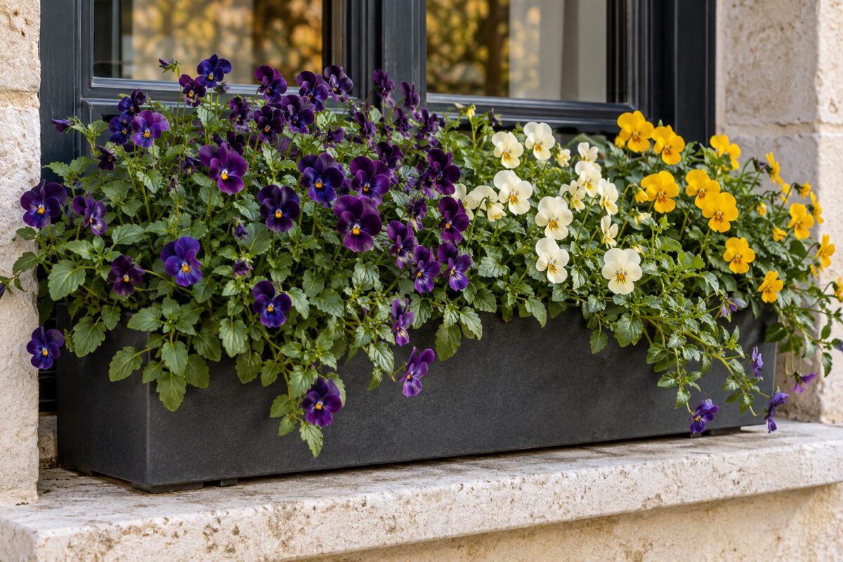 Composizione asimmetrica di viole cornute viola crema e gialle