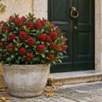 Skimmia japonica con bacche rosse in vaso accanto a un ingresso ombreggiato