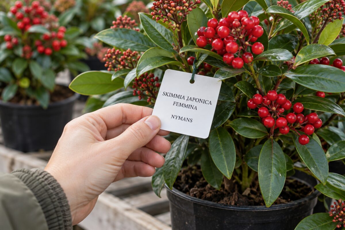 Etichetta di una Skimmia japonica femmina Nymans controllata al vivaio