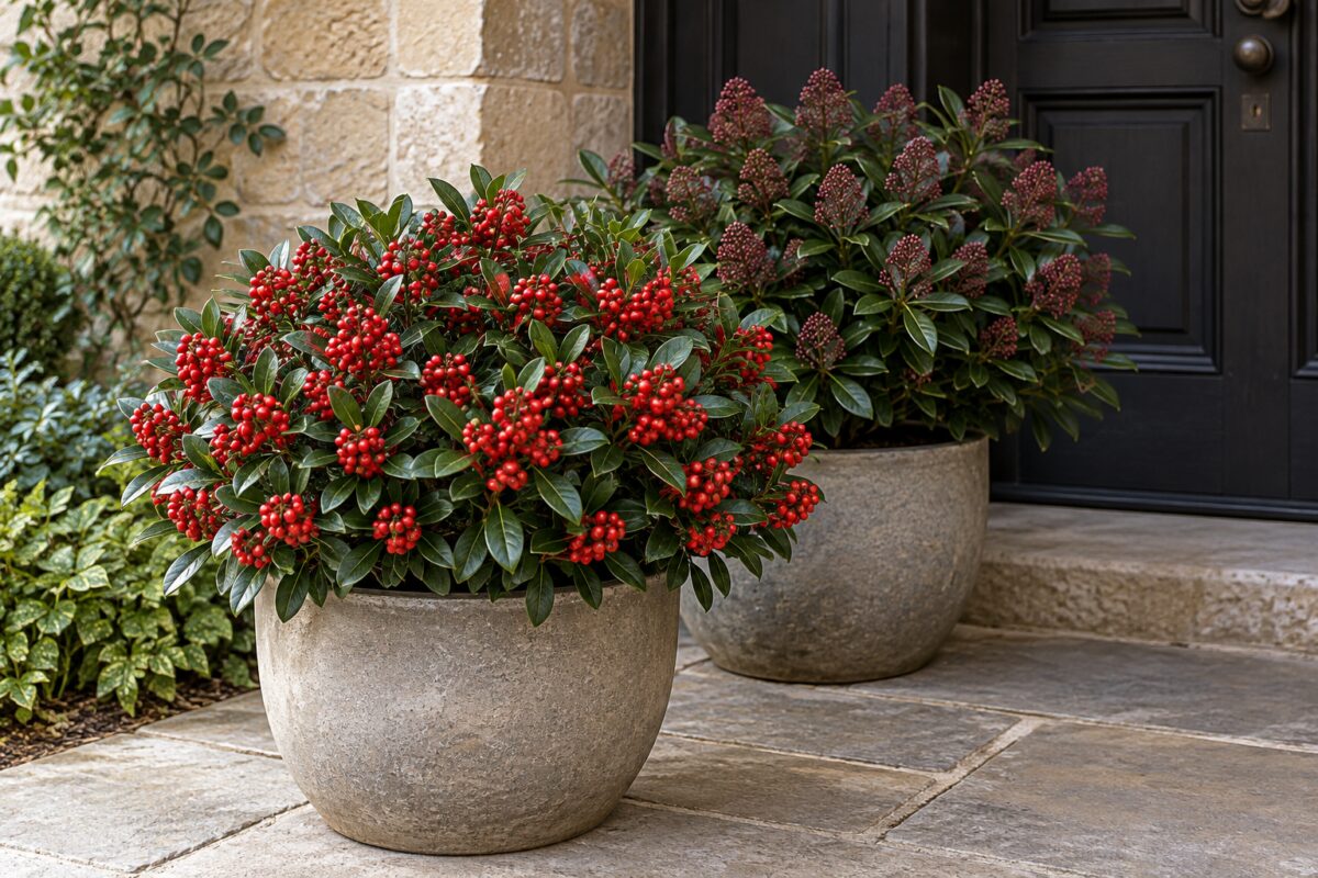 Skimmia femmina con bacche rosse e Skimmia maschio con boccioli vicino all'ingresso